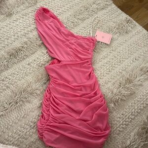 HELLO MOLLY Pink one shoulder, tight mini dress